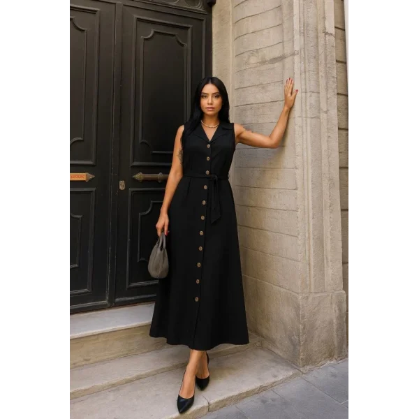 Kadın Düğme Detay Kuşak Dahil Elbise