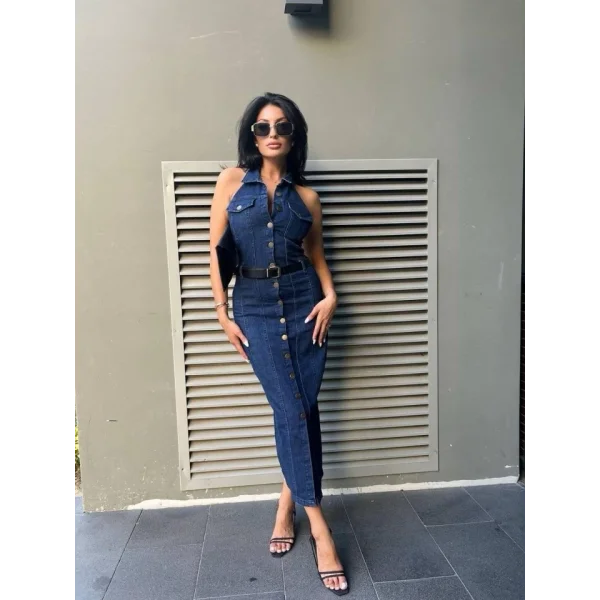 Kadın Düğme Detaylı Belden Kemerli Sırt Dekolte Kot Elbise