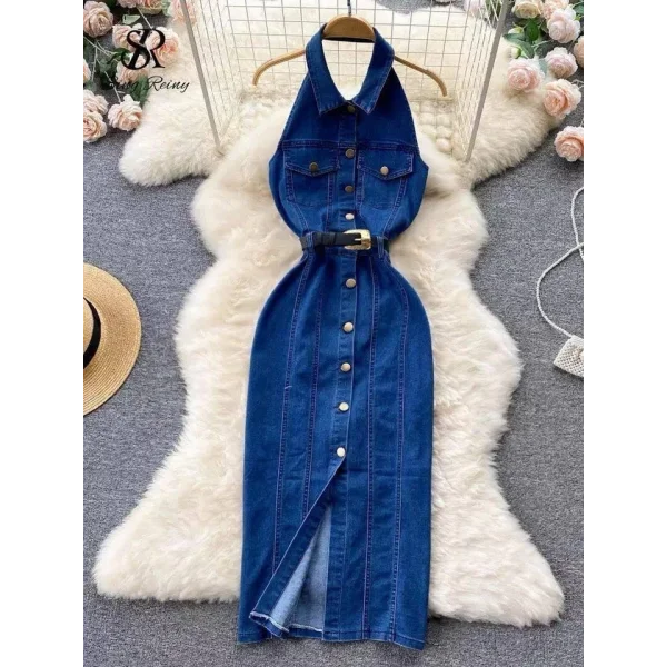 Kadın Düğme Detaylı Belden Kemerli Sırt Dekolte Kot Elbise