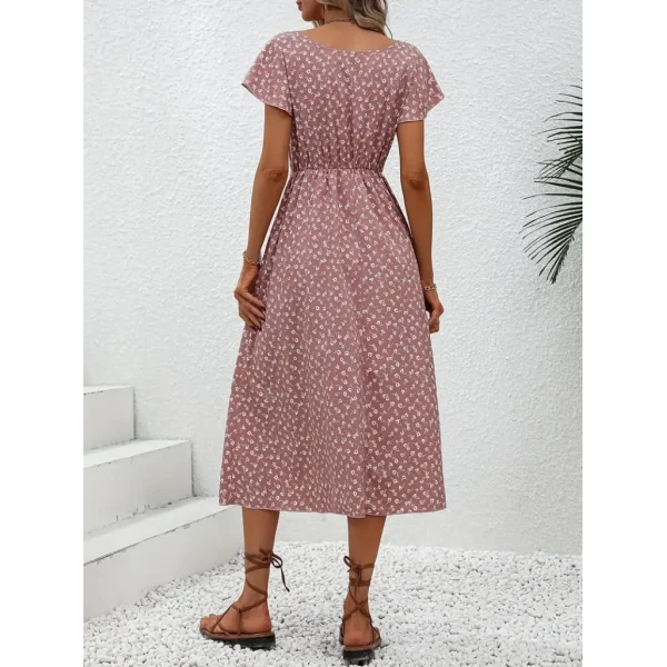 Kadın Düğme Detaylı çiçek Desen Midi Boy Süprem Kloş Elbise