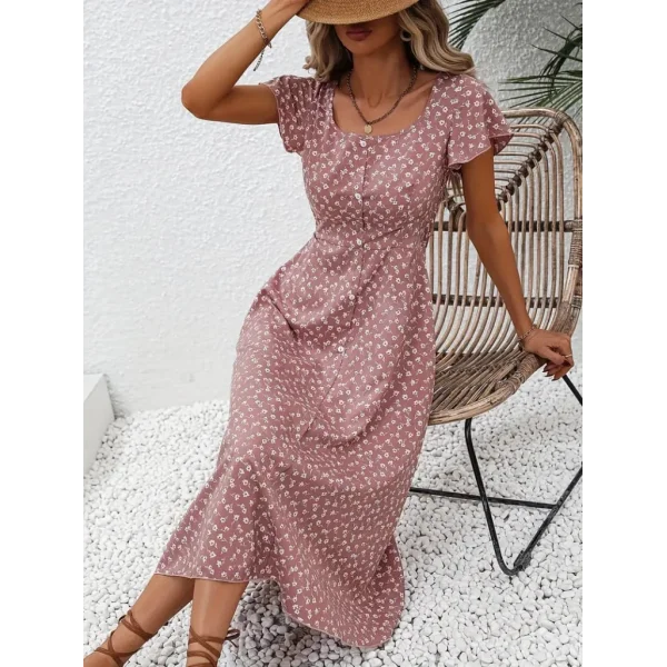 Kadın Düğme Detaylı çiçek Desen Midi Boy Süprem Kloş Elbise