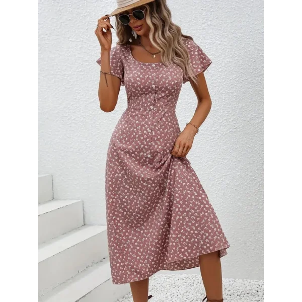 Kadın Düğme Detaylı çiçek Desen Midi Boy Süprem Kloş Elbise