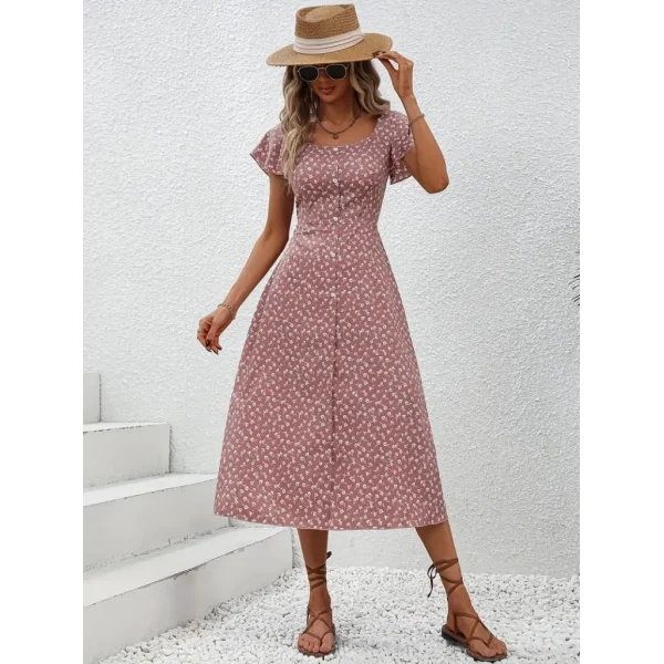 Kadın Düğme Detaylı çiçek Desen Midi Boy Süprem Kloş Elbise