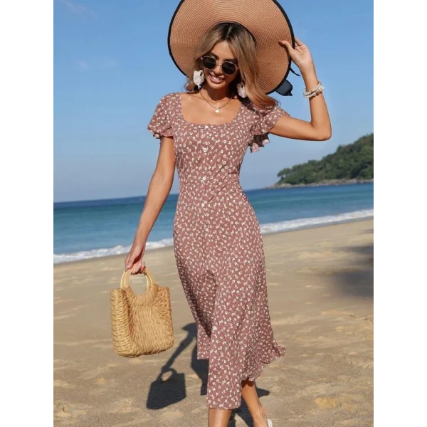 Kadın Düğme Detaylı çiçek Desen Midi Boy Süprem Kloş Elbise