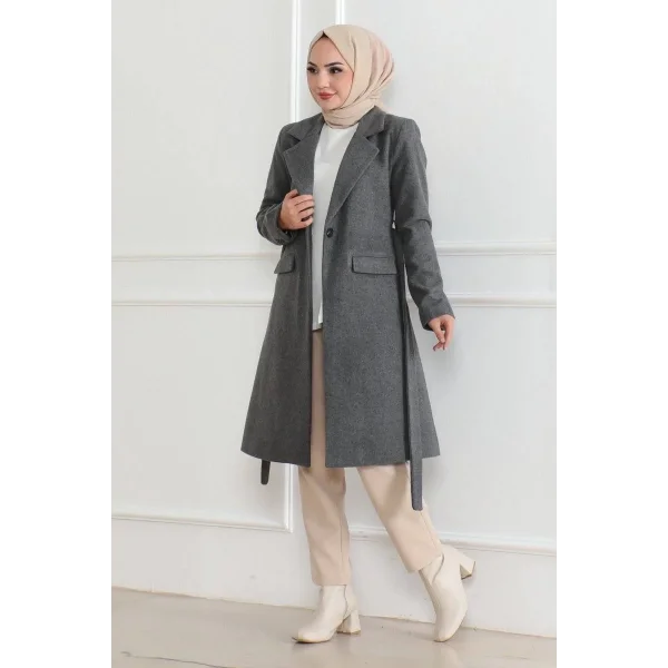 Kadın Düğmeli İçi Astarlı Kaşmir Kaşe Kaban - Bej