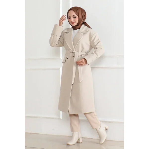 Kadın Düğmeli İçi Astarlı Kaşmir Kaşe Kaban - Bej