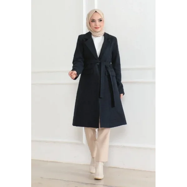 Kadın Düğmeli İçi Astarlı Kaşmir Kaşe Kaban - Lacivert