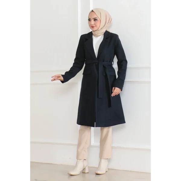 Kadın Düğmeli İçi Astarlı Kaşmir Kaşe Kaban - Lacivert