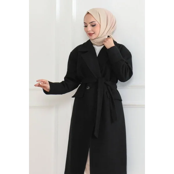 Kadın Düğmeli İçi Astarlı Kaşmir Kaşe Kaban - Siyah