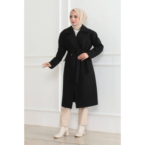 Kadın Düğmeli İçi Astarlı Kaşmir Kaşe Kaban - Siyah