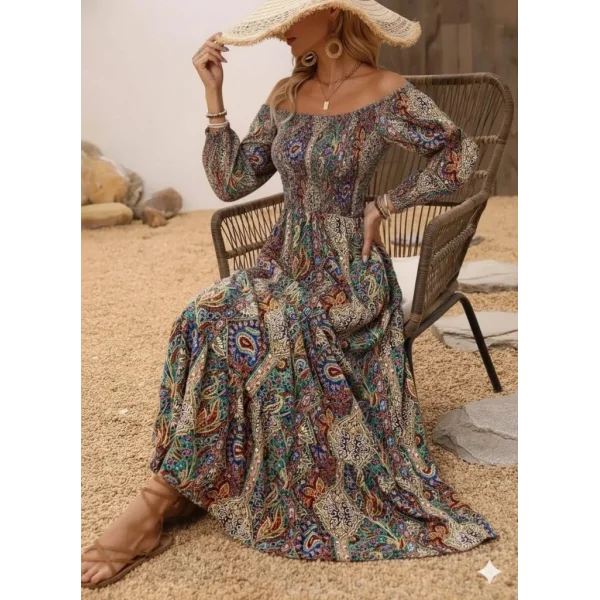 Kadın Düşük Omuzlu Beli Büzgülü Dijital Desenli Kesik Elyaf Süprem Uzun Elbise