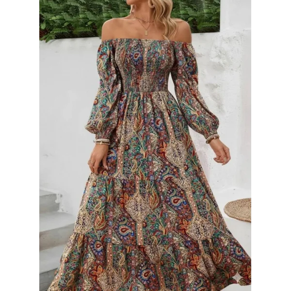 Kadın Düşük Omuzlu Beli Büzgülü Dijital Desenli Kesik Elyaf Süprem Uzun Elbise