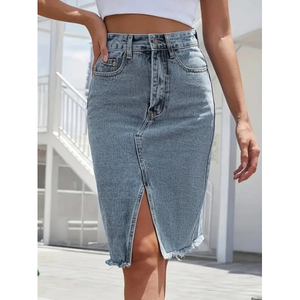 Kadın Elastik Bel Yırtık Kenar Detaylı Kot Etek