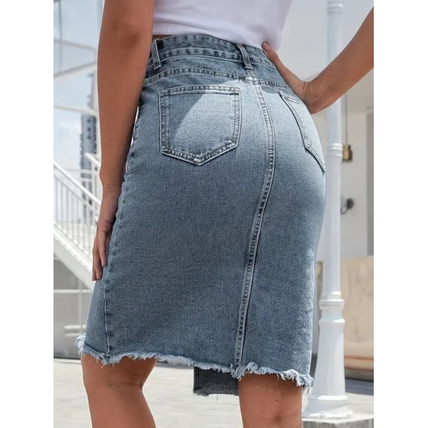 Kadın Elastik Bel Yırtık Kenar Detaylı Kot Etek