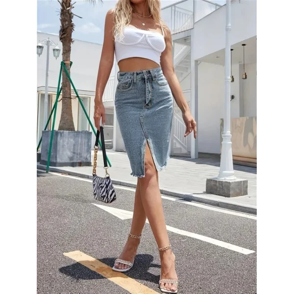 Kadın Elastik Bel Yırtık Kenar Detaylı Kot Etek