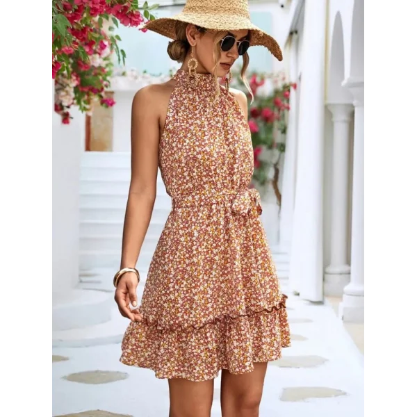 Kadın Eteği Volanlı Halter Yaka Süprem Elbise