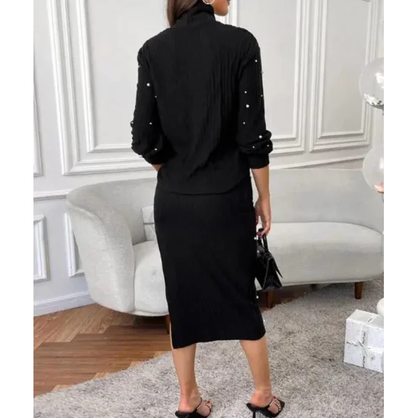 Kadın Eteği Yırtmaçlı Ottoman Kumaş Inci Detaylı Ikili Takım