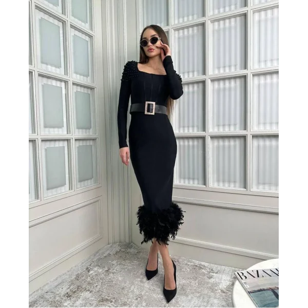 Kadın Etek Ucu Otriş Yakası Inci Detayli Midi Boy Elbise