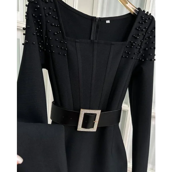 Kadın Etek Ucu Otriş Yakası Inci Detayli Midi Boy Elbise