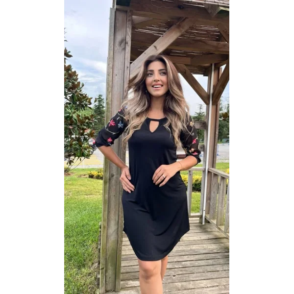 Kadın Fakir Kol Bisiklet Yaka çiçek Desen Sandy Salaş Kısa Elbise