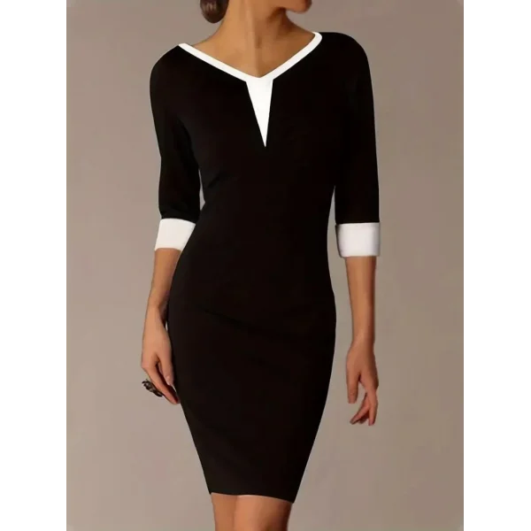 Kadın Fakir Kol V Yakalı Blok Renkli Kısa Janjan Krep Elbise