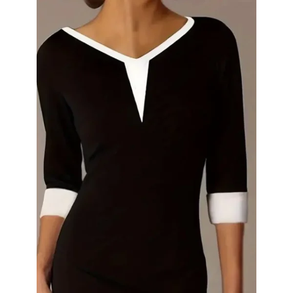 Kadın Fakir Kol V Yakalı Blok Renkli Kısa Janjan Krep Elbise