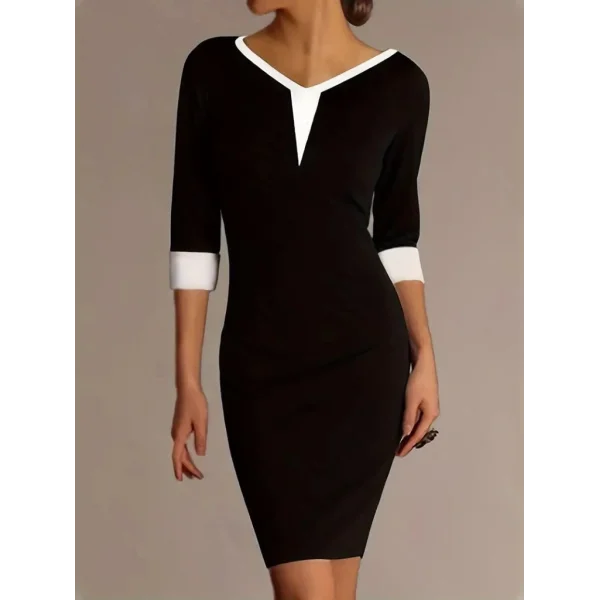 Kadın Fakir Kol V Yakalı Blok Renkli Kısa Janjan Krep Elbise