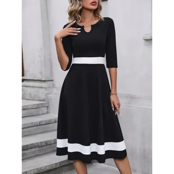 Kadın Fakir Kol Yakası Açık Blok Renkli Krep Midi Elbise