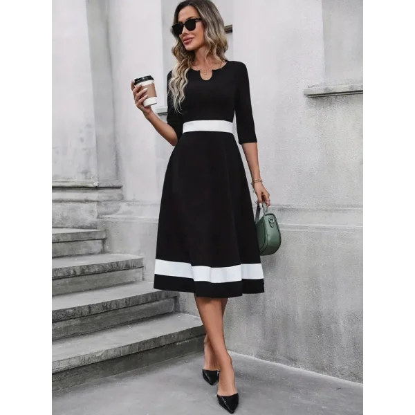 Kadın Fakir Kol Yakası Açık Blok Renkli Krep Midi Elbise