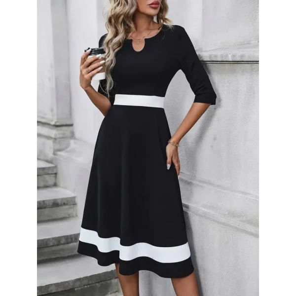 Kadın Fakir Kol Yakası Açık Blok Renkli Krep Midi Elbise