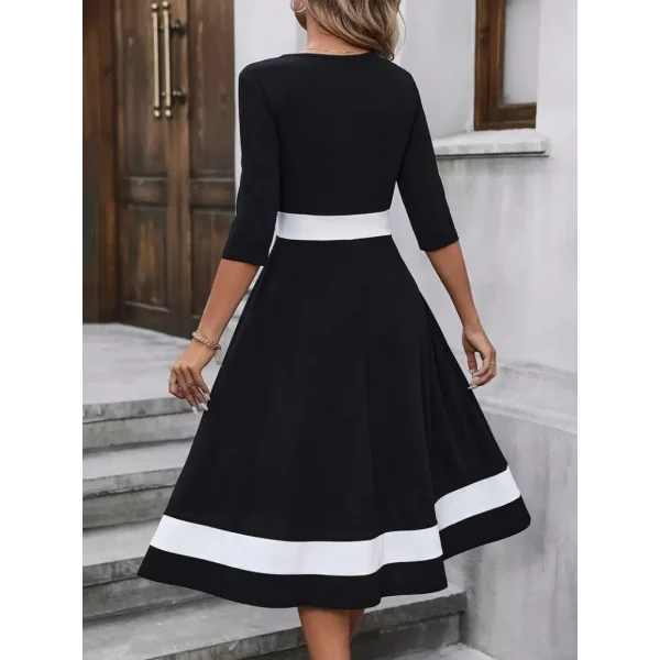 Kadın Fakir Kol Yakası Açık Blok Renkli Krep Midi Elbise