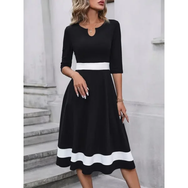 Kadın Fakir Kol Yakası Açık Blok Renkli Krep Midi Elbise