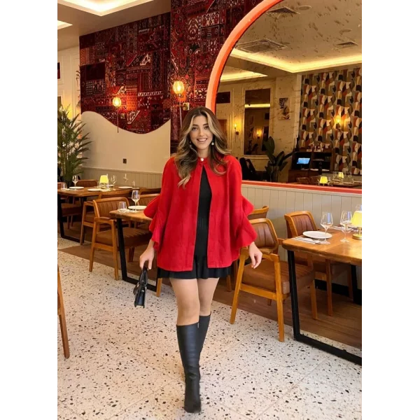 Kadın Fakir Kollu Fırfırlı Tek Düğme Yakalı önü Açık Kaşe Panço