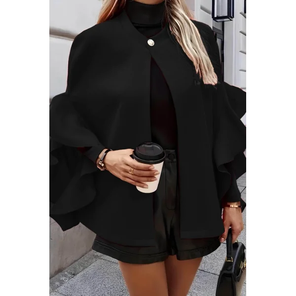 Kadın Fakir Kollu Fırfırlı Tek Düğme Yakalı önü Açık Kaşe Panço