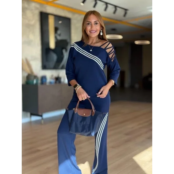 Kadın Fakir Kollu Omuz Dekolteli çapraz Ribana Detay Bluz Ve Pantolon Ikili Takım