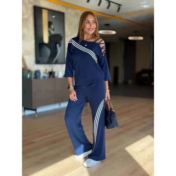 Kadın Fakir Kollu Omuz Dekolteli çapraz Ribana Detay Bluz Ve Pantolon Ikili Takım