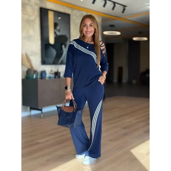 Kadın Fakir Kollu Omuz Dekolteli çapraz Ribana Detay Bluz Ve Pantolon Ikili Takım