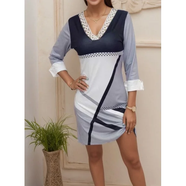 Kadın Fakir Kollu V Dantel Yaka Geometrik Desenli Dalgıç Elbise
