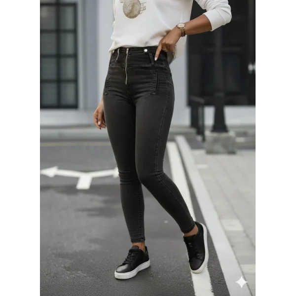 Kadın Fermuar Detay Yüksek Kemerli Kot Pantolon