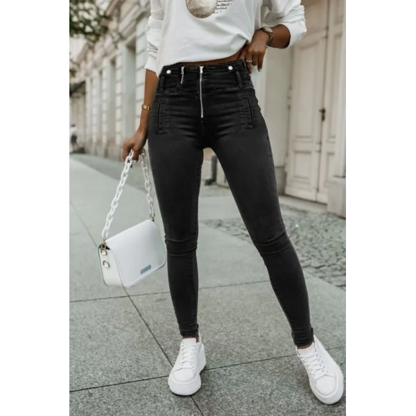 Kadın Fermuar Detay Yüksek Kemerli Kot Pantolon