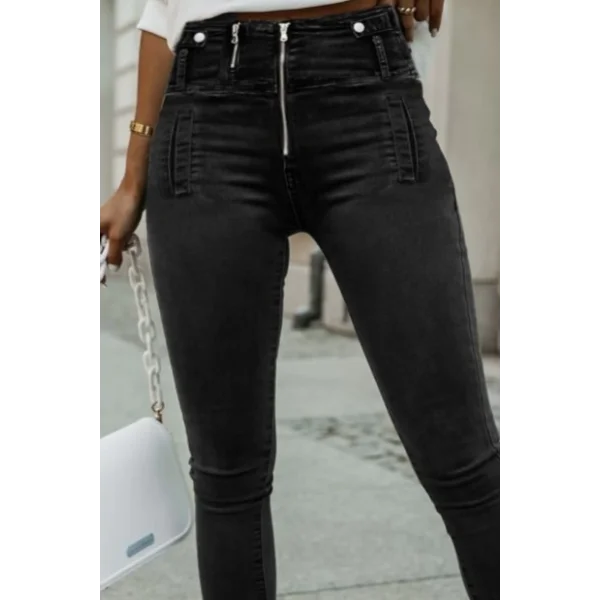 Kadın Fermuar Detay Yüksek Kemerli Kot Pantolon