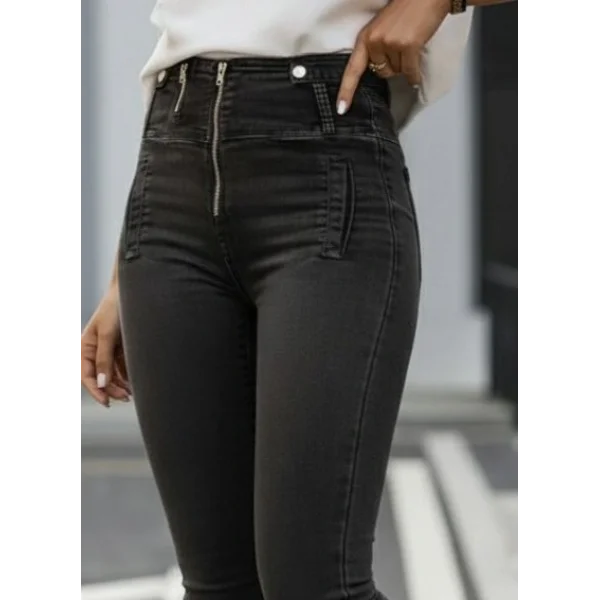 Kadın Fermuar Detay Yüksek Kemerli Kot Pantolon