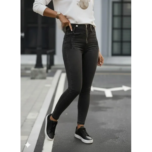 Kadın Fermuar Detay Yüksek Kemerli Kot Pantolon