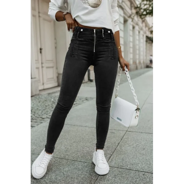 Kadın Fermuar Detay Yüksek Kemerli Kot Pantolon