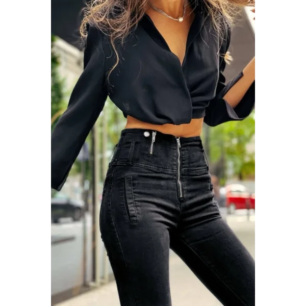 Kadın Fermuar Detay Yüksek Kemerli Kot Pantolon