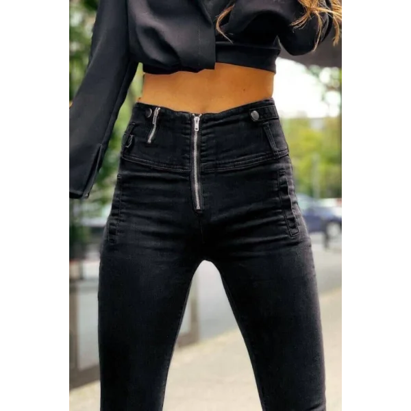 Kadın Fermuar Detay Yüksek Kemerli Kot Pantolon