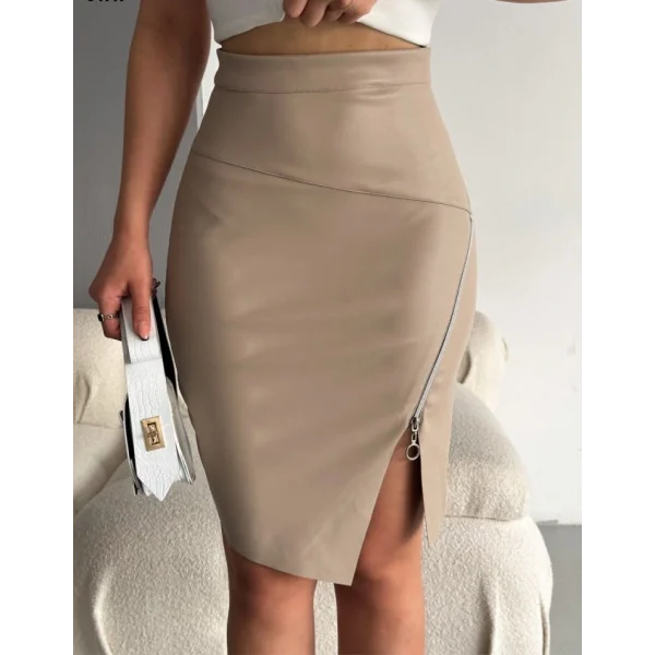 Kadın Fermuarlı Deri Kumaş Mini Etek