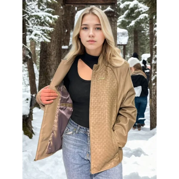 Kadın Fileli Deri Ceket - Krem