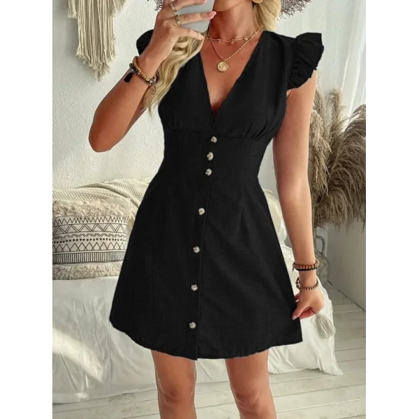 Kadın Fırfır Kollu V Yakalı Düğmeli Keten Elbise