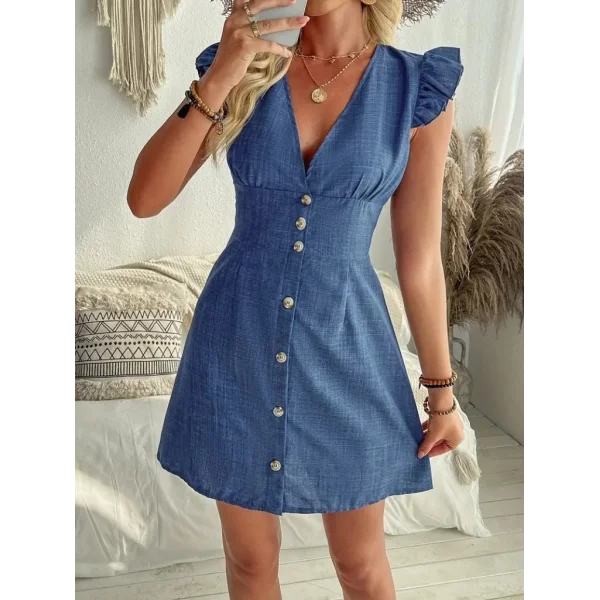 Kadın Fırfır Kollu V Yakalı Düğmeli Keten Elbise
